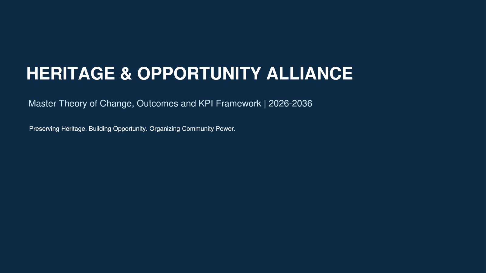 Slide 1: Heritage & Opportunity Alliance: Master Theory of Change, Outcomes and KPI Framework